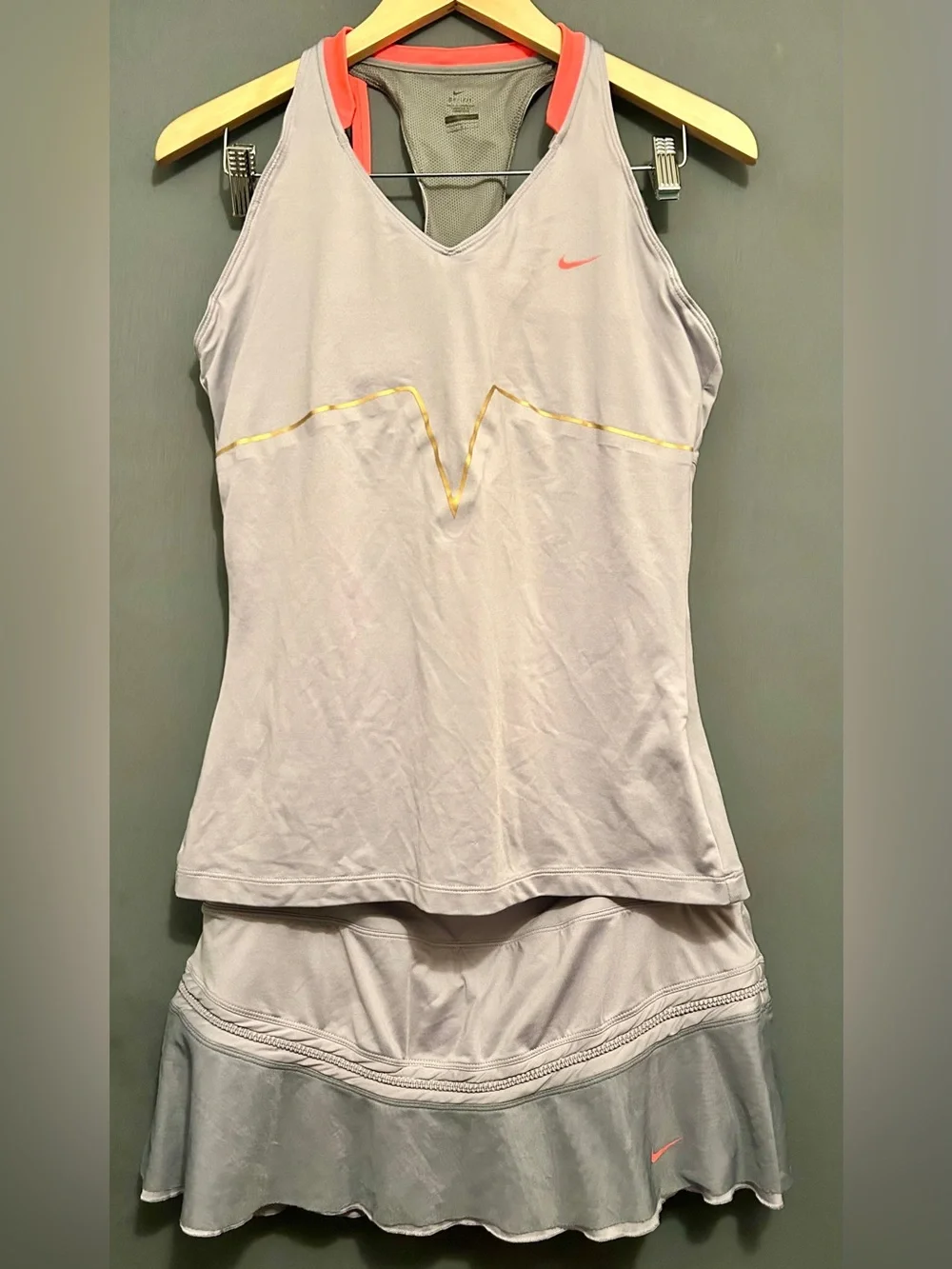 Nike Gray Pink/orange Tennis Dress Tank Skirt w/ Swoosh and Goldish Trim LARGE